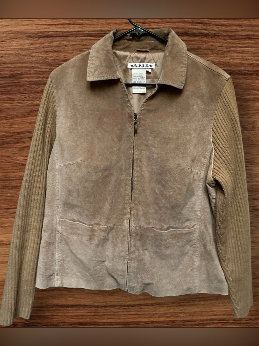 Ami Two-Tone Taupe Suede Jacket with Ribbed Sleeves